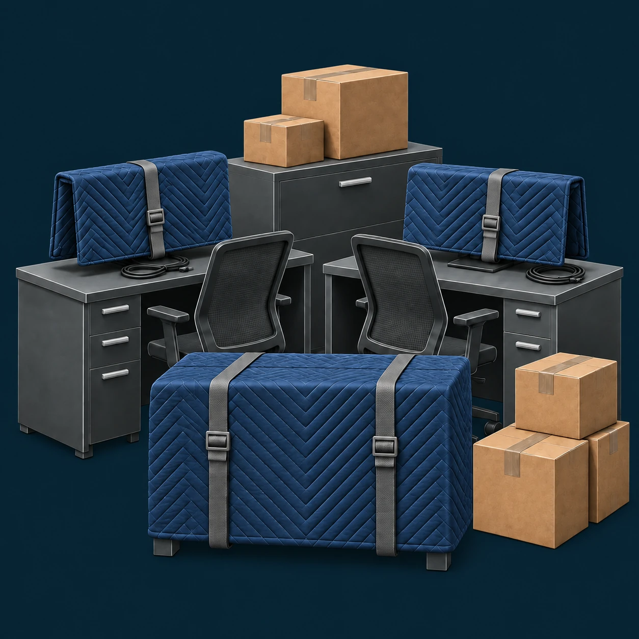 Illustration of office furniture, protected monitors, and packed cartons prepared for a commercial move.