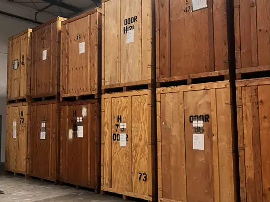 Wooden storage vaults inside a Humboldt warehouse.