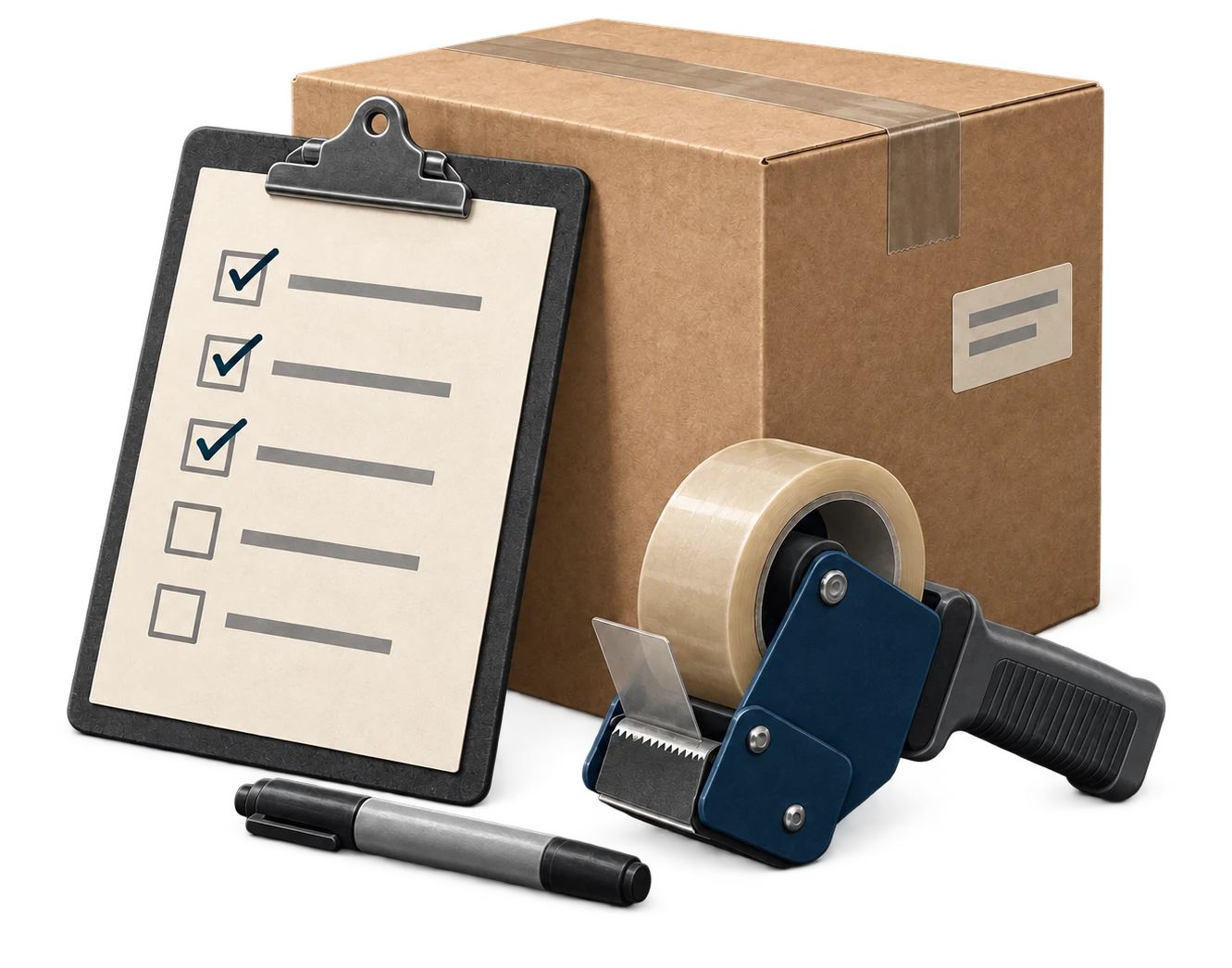 Illustration of a moving checklist, packed carton, tape dispenser, and marker.